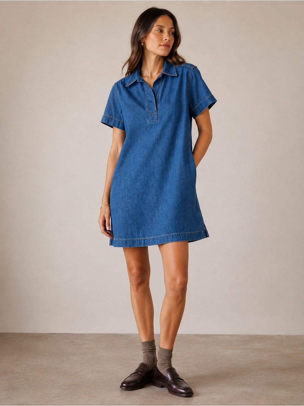 Denim Polo L Short Sleeve Shirt Dress Cottage Coastal Prep Vermont Country Store